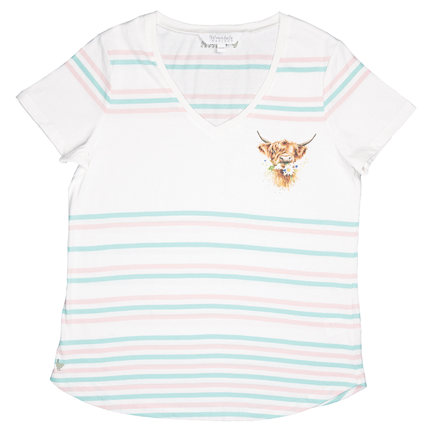 Wrendale T-Shirt, weiß mit Streifen in mint und rosa, Motiv Kälbchen mit Schmetterling, Small