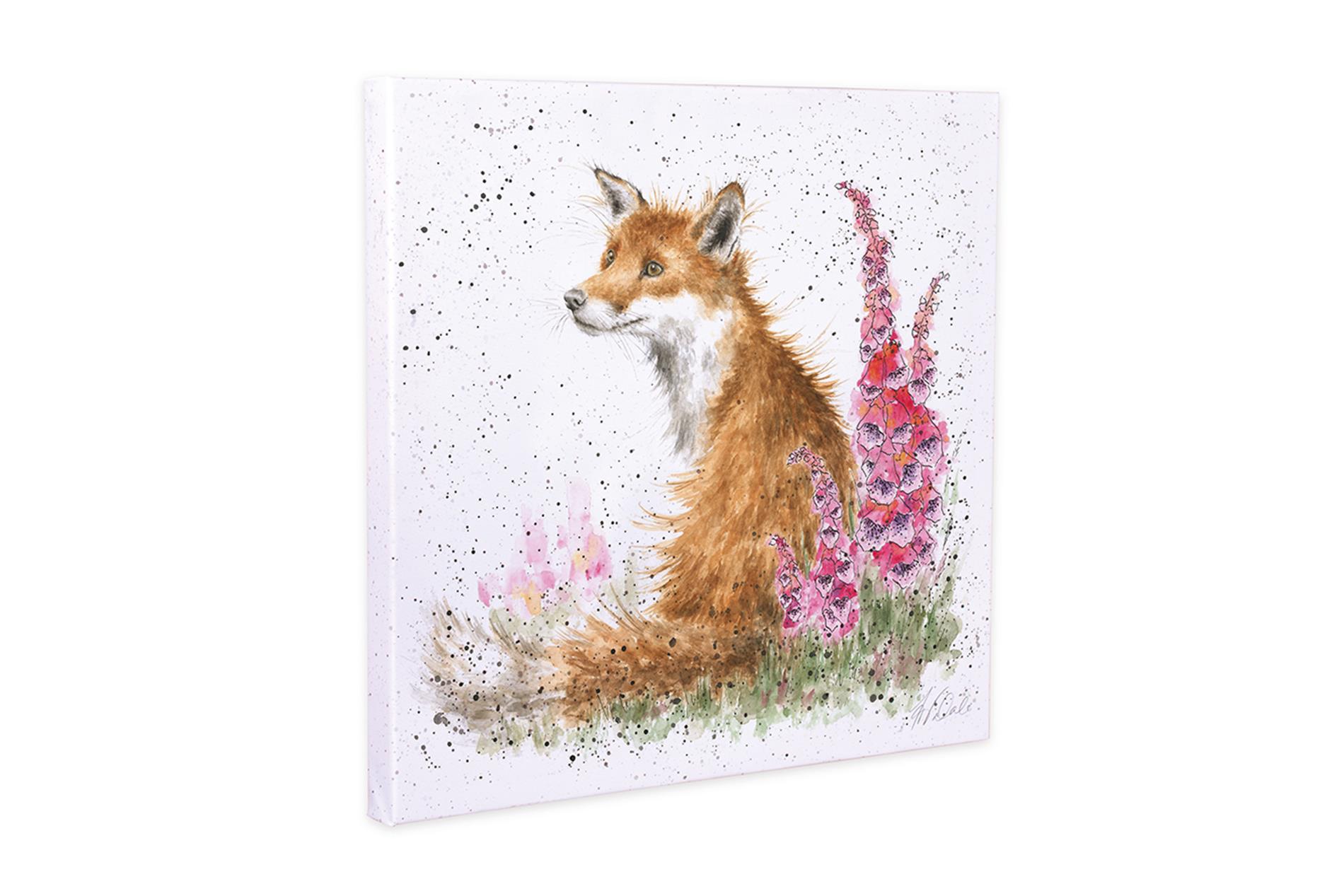 Wrendale Leinwand klein, Aufdruck Fuchs& Blumen, "Foxgloves",  20x20 cm