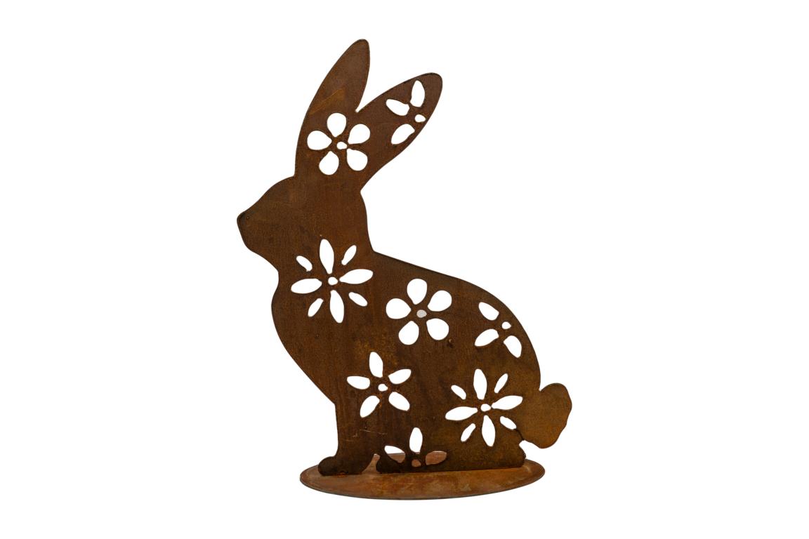 Hase seitlich sitzend, mit Blumenausschnitten, Edelrost, 46x36cm