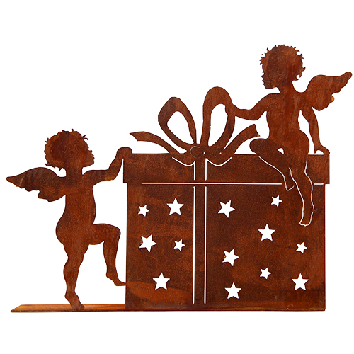 2 Engel mit Geschenk zum Stellen, Edelrost, 50 x 39 cm T 15 cm