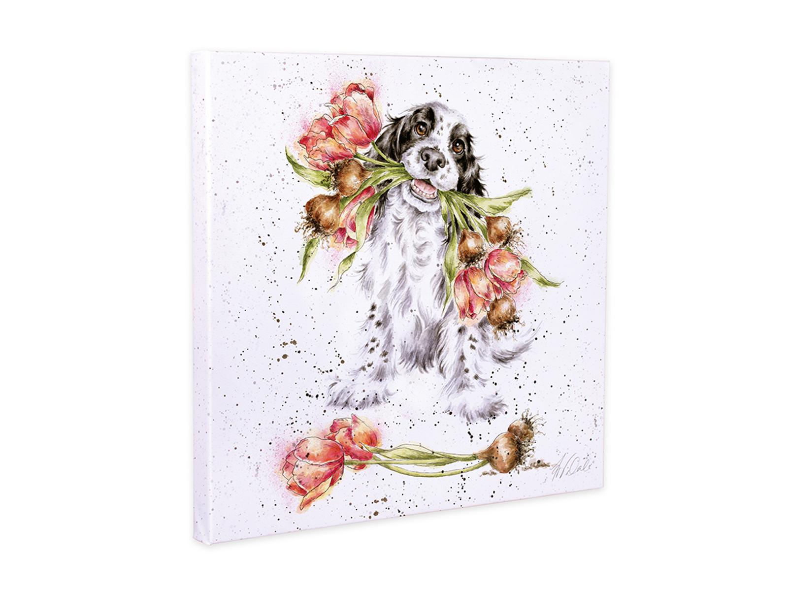 Wrendale Leinwand medium, Aufdruck Hund mit Blumen im Maul "Blooming with love", 50x50cm