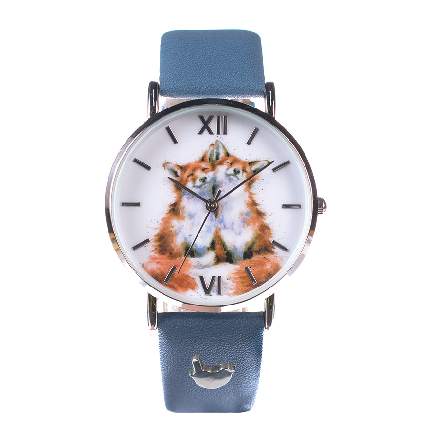 Wrendale Armbanduhr mit dunkelblauem Lederarmband, Motiv zwei Füchse, in Geschenkkarton