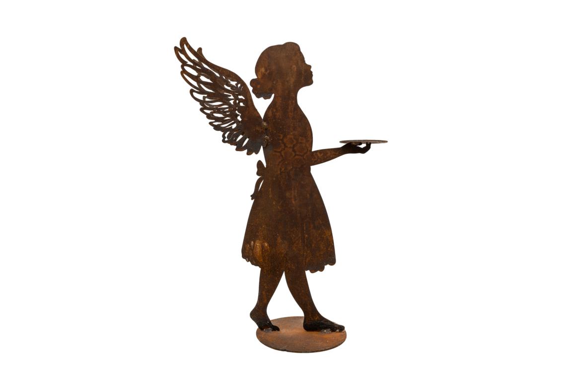 Engel geht seitlich mit Platte in der Hand, doppelte aufgesetzte gelaserte Flügel,  Edelrost, Rost, 50x35 cm
