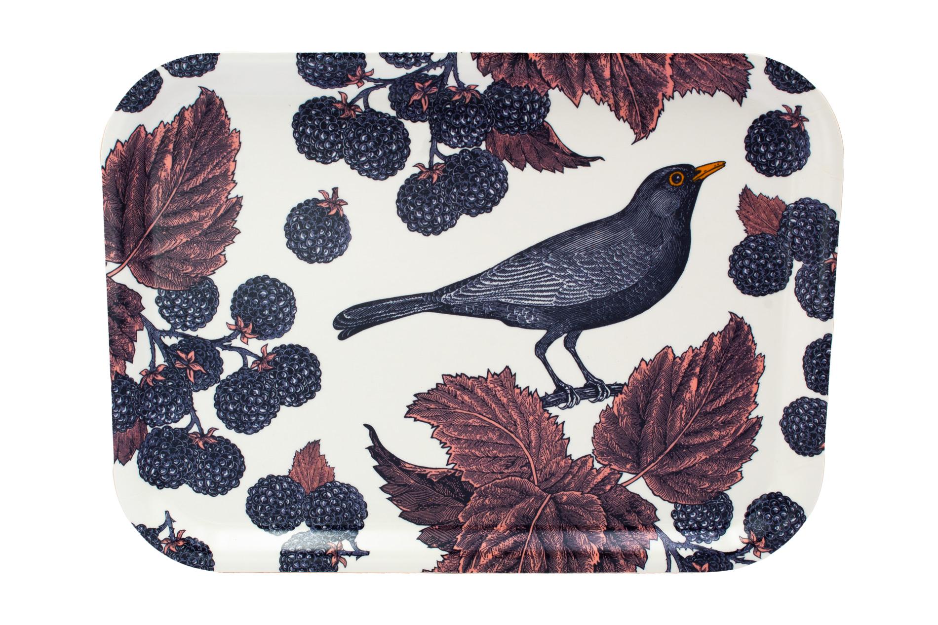 THORNBACK & PEEL Tablett klein, Motiv schwarzer Vogel und Beeren, 27x20 cm