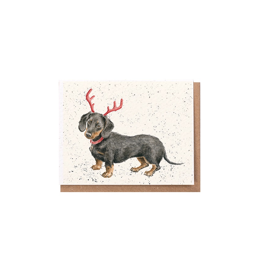 Wrendale Mini-Weihnachtskarte mit Umschlag, Motiv Dackel mit Geweih "Dachshund Through the Snow"