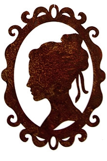Frauenprofil im ovalen Rahmen, Edelrost, H 23 cm, verschiedene Motive zur Seite blickend, mit Ranken