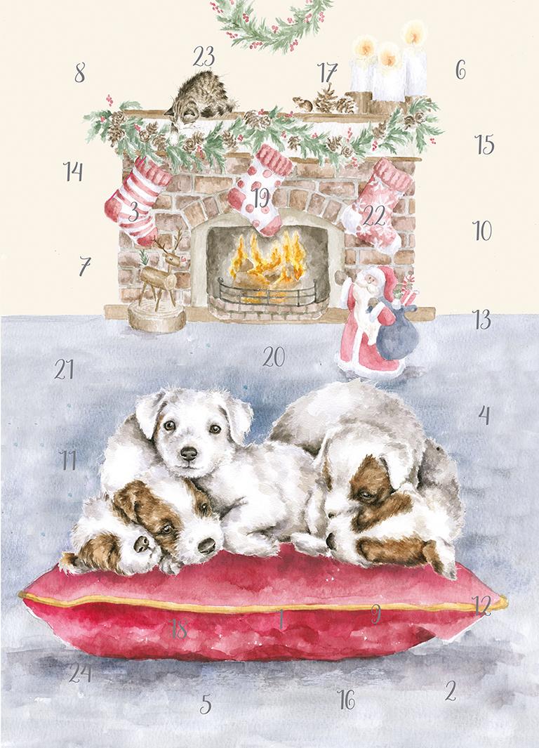 Wrendale Weihnachtskalender/Flachkalender, Motiv Hundewelpen vor einem Kamin, Din A4