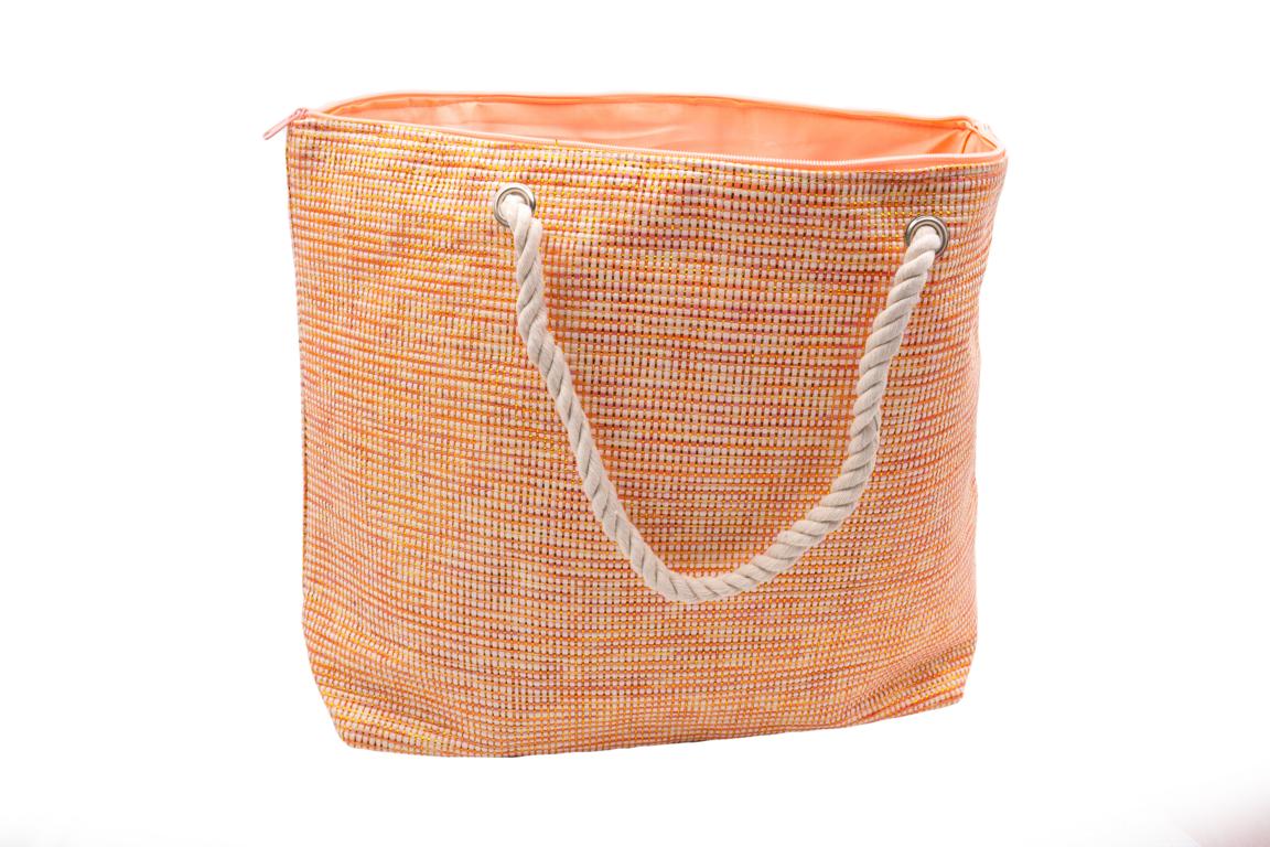 Strandtasche in Weboptik, orange mit Gold, Kordel als Tragegriff