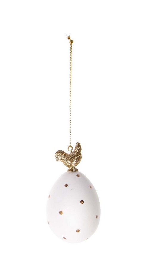 Osterei zum hängen, weiß mit Punkten Gold, oben sitzt kleines Huhn in Gold Glitzer, 4x4x8 cm