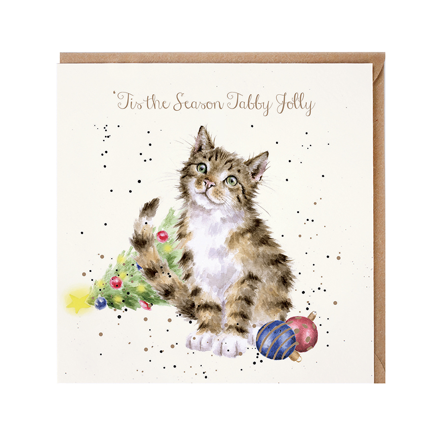 Wrendale Doppelkarte Weihnachten mit Umschlag, Frohe Weihnachten, Motiv Katze "Cat-astrophe"