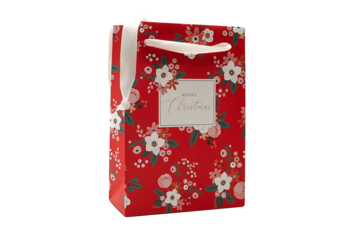 Geschenktüte klein, rot mit Christrosen Merry Christmas, L 16 x B 8 x H 22,5 cm