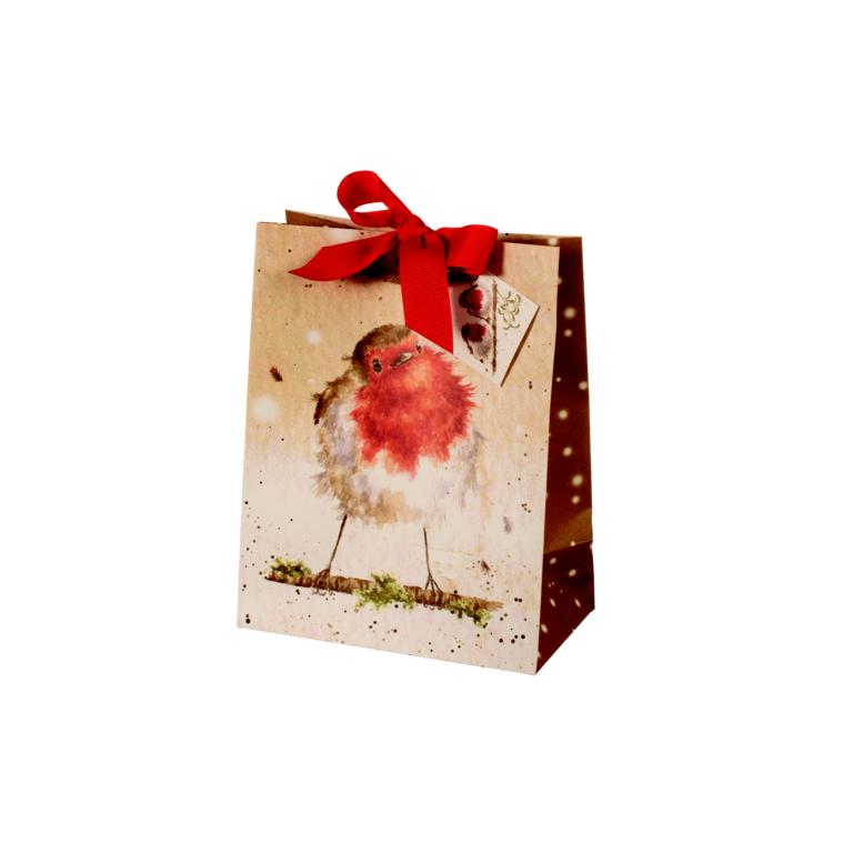 Wrendale Geschenktüte klein, Motiv Rotkehlchen, zum zu binden, H 19 cm