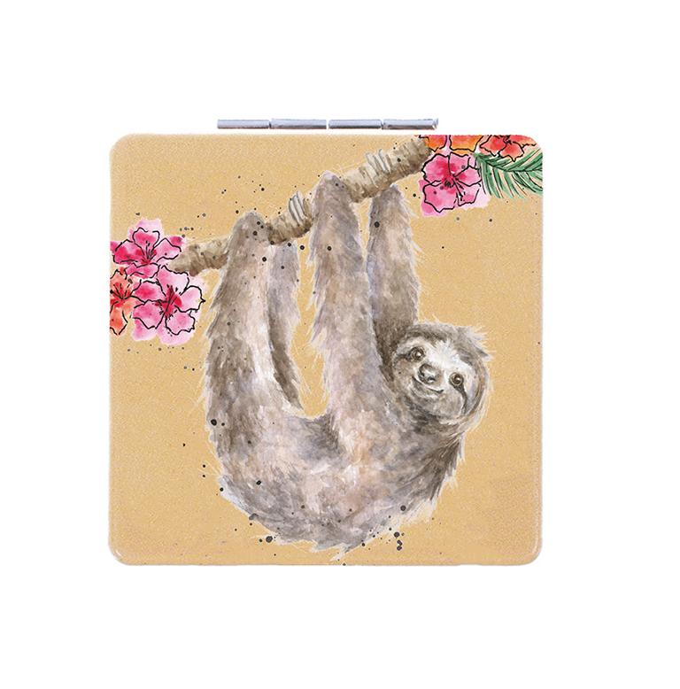 Wrendale Taschenspiegel zum klappen in Geschenkschachtel, Motiv Faultier, gelb, 7x7cm