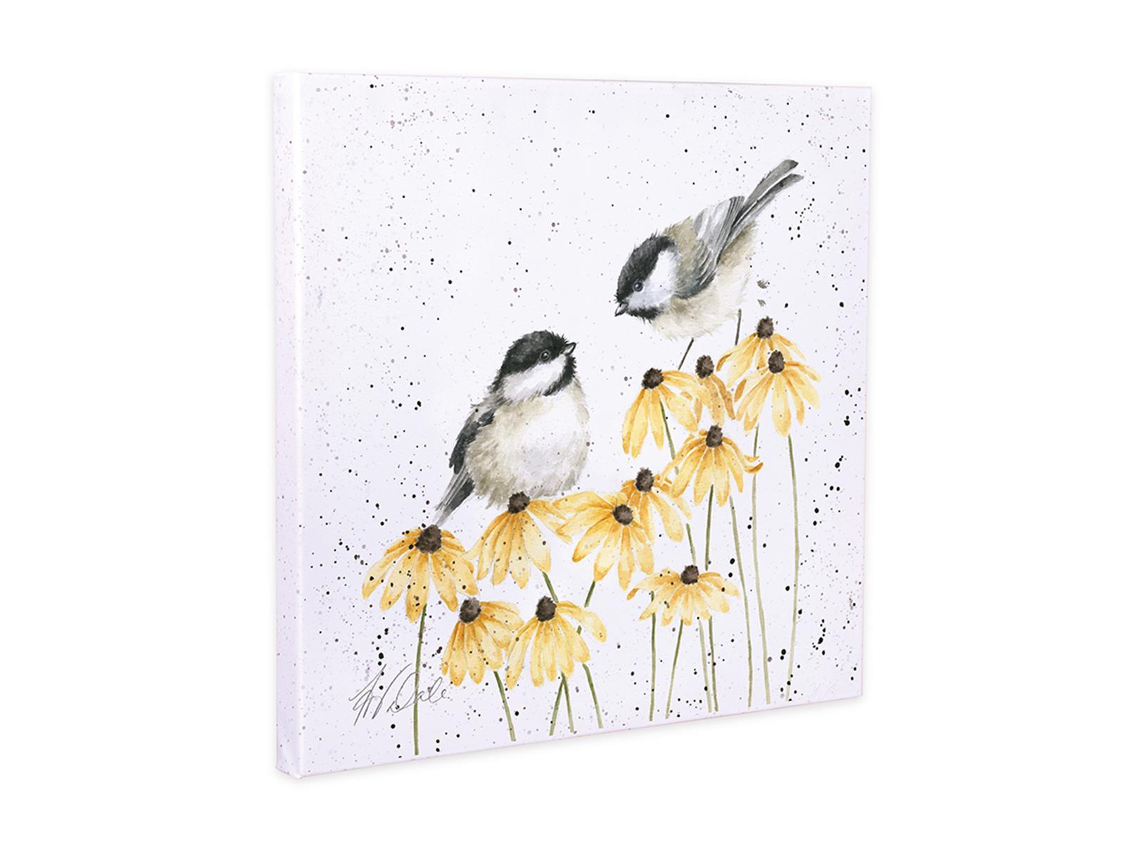 Wrendale Leinwand medium, Aufdruck Meisen auf gelben Blumen, "My Sweet Chickadee",  50x50cm