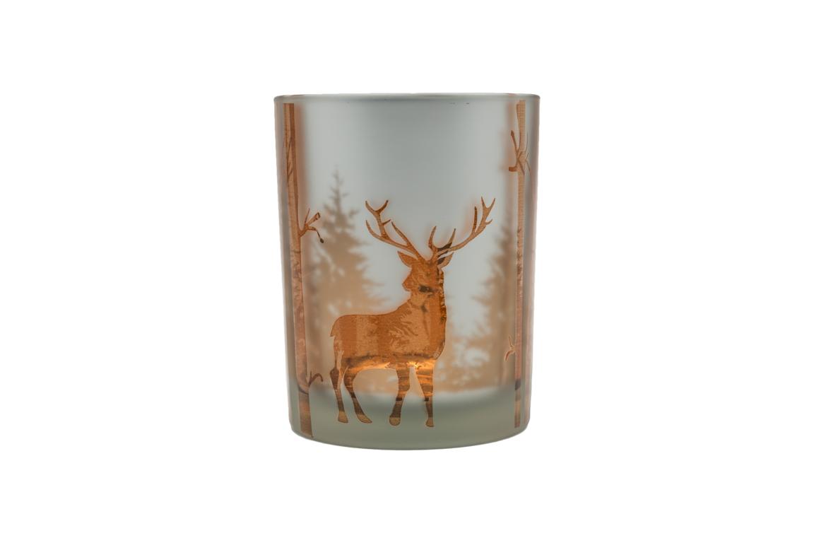 Teelichtglas M, Motiv Waldhintergrund und Hirsch, Milchglas Messing, 7x8cm