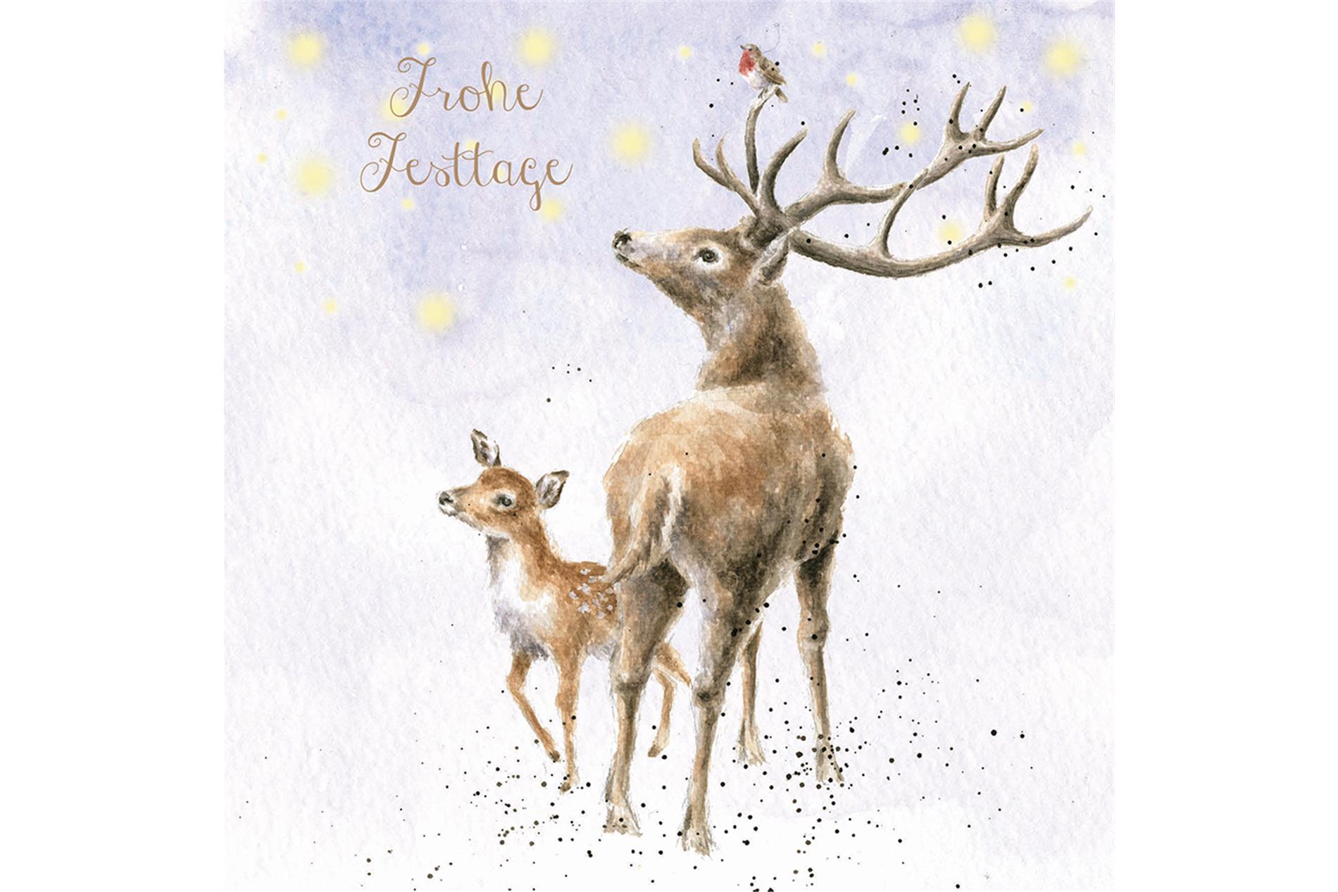Wrendale Doppelkarte Weihnachten mit Umschlag, Frohe Festtage, Motiv Reh & Kitz "The Stars in the Bright sky"