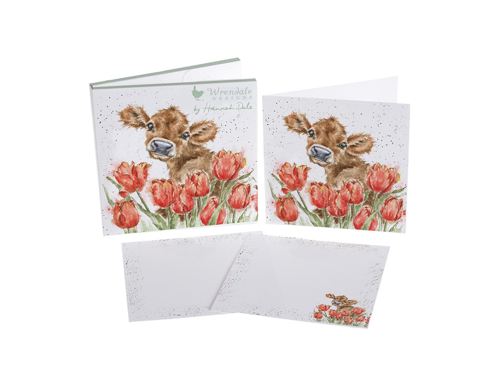 Wrendale Kartenset, 4 kleine Doppelkarten, 8 Notizkarten 12 Umschläge, Motiv Kalb im Blumenfeld,12x12 cm