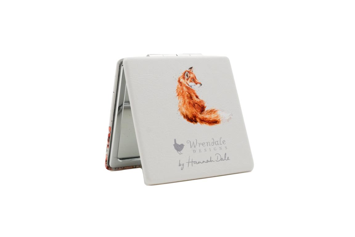 Wrendale Taschenspiegel zum klappen in Geschenkschachtel, Motiv Fuchs im Mohnblumenbeet, grau, 7x7cm
