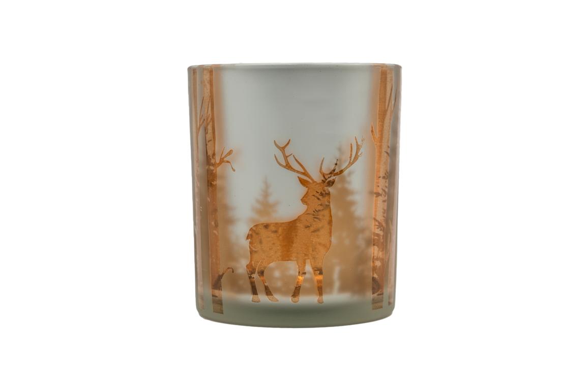 Teelichtglas S, Motiv Waldhintergrund und Hirsch, Milchglas Messing, 7x8cm