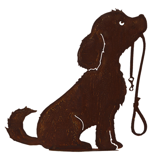 Hund mit Leine im Maul auf Bodenplatte, Edelrost, H40cm