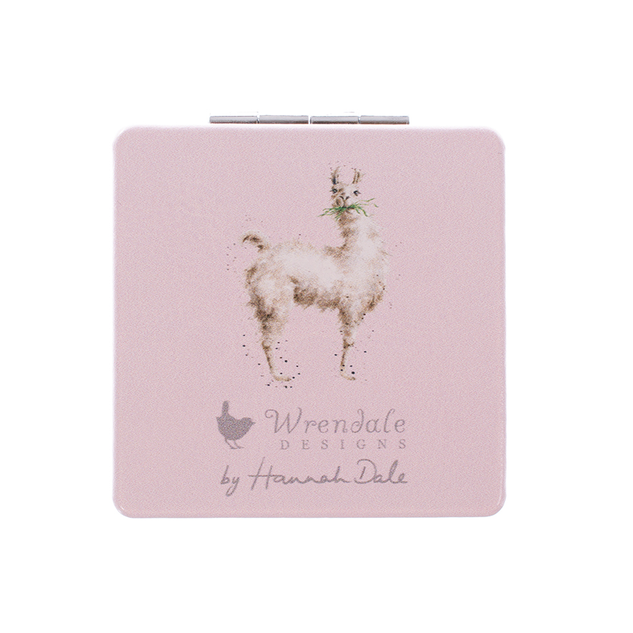 Wrendale Taschenspiegel zum klappen in Geschenkschachtel, Motiv Lama mit Krone, rosa,7x7cm