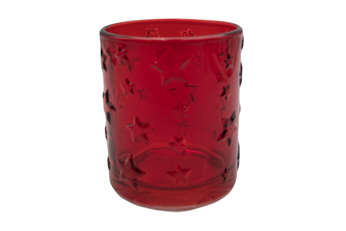 Teelichtglas mit Sternen, rot, 8,5x10cm