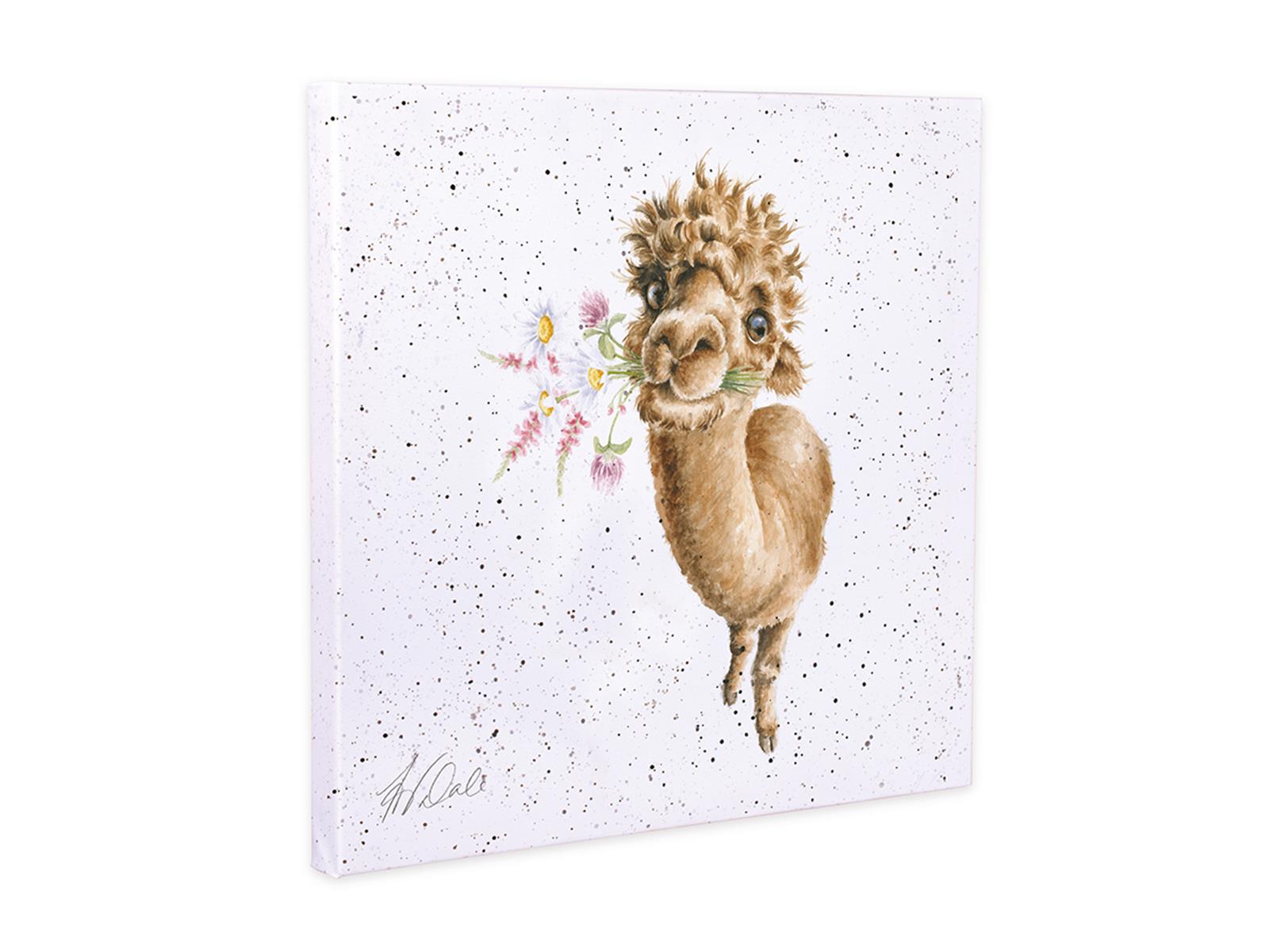 Wrendale Leinwand klein, Aufdruck Alpaka mit Blumen im Maul, "Picked for you",  20x20 cm
