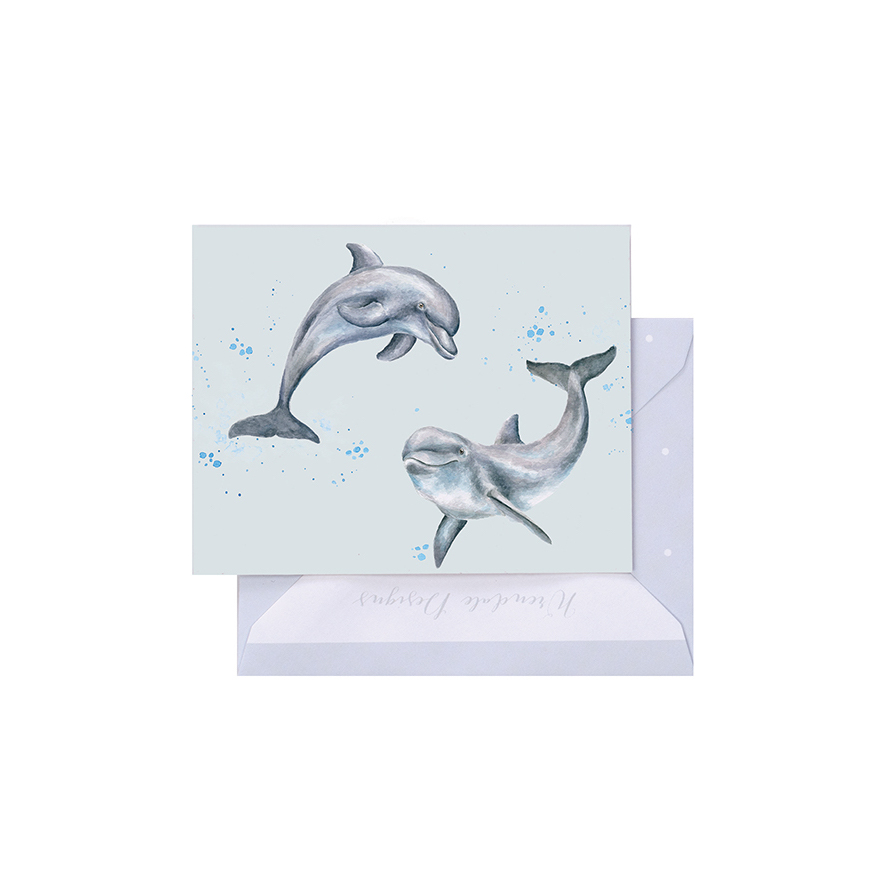 Wrendale Mini-Karte mit Umschlag, Motiv zwei Delfine schwimmen, Rechteckig, 9x7,5cm