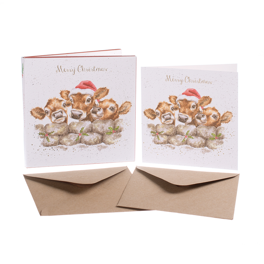 Wrendale Weihnachtskarten Set Merry Christmas, Motiv Weihnachtskälbchen, 8 Karten mit Umschlag und Text, 12x12 cm