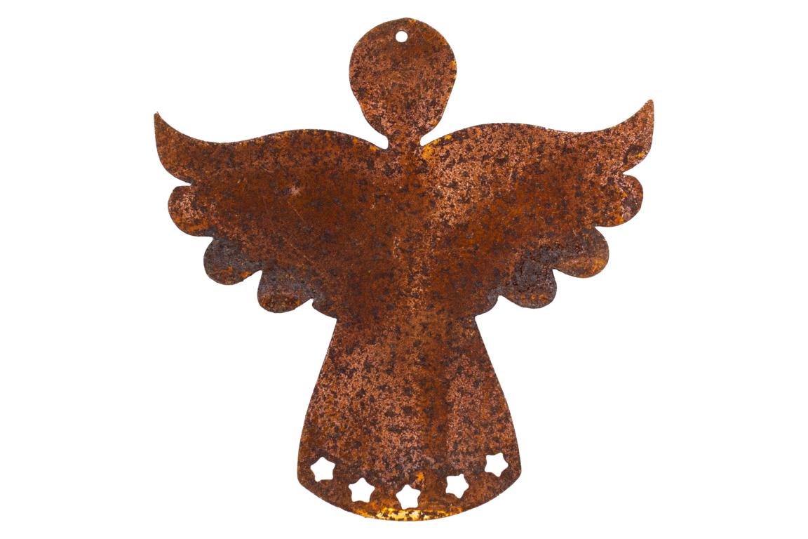Engel mit aufgespannten Flügeln & Sternensaum zum Hängen, Edelrost, 12 cm