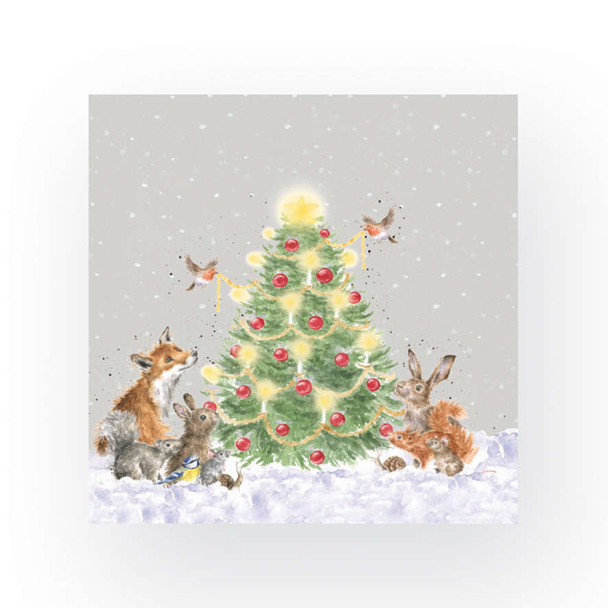 Wrendale Cocktailservietten weihnachtlich, Motiv Waldtiere sitzen um Weihnachtsbaum "Oh Christmas Tree"