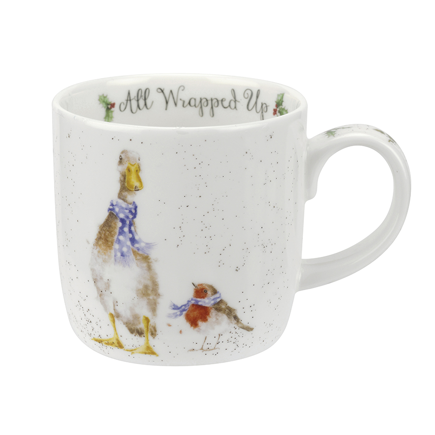 Wrendale Becher Weihnachtlich "All Wrapped Up Mug", Motiv Ente und Rotkehlchen, Füllmenge 0,31 L
