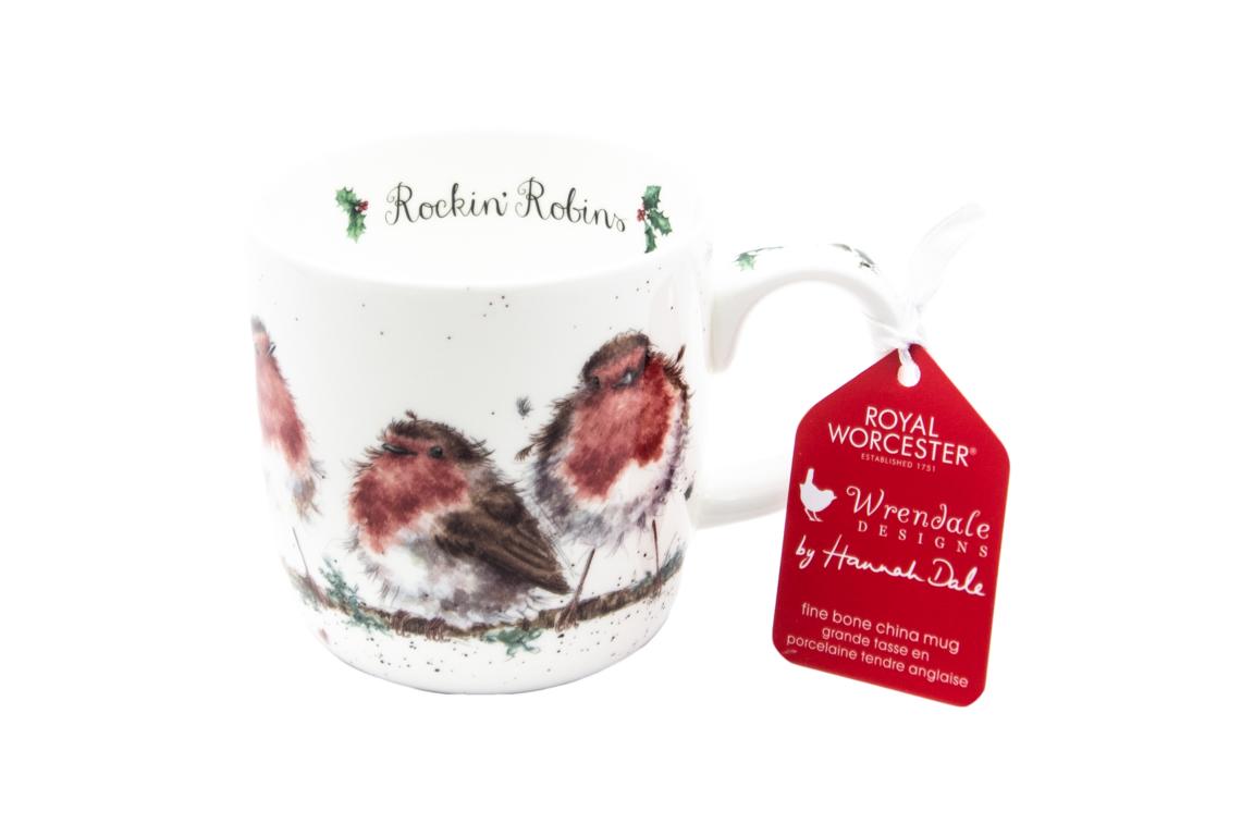 Wrendale Becher Weihnachten "Rockin Robins" Motiv Rotkehlchenfamilie auf Ast, 0,3 L, Spülmaschinenfest
