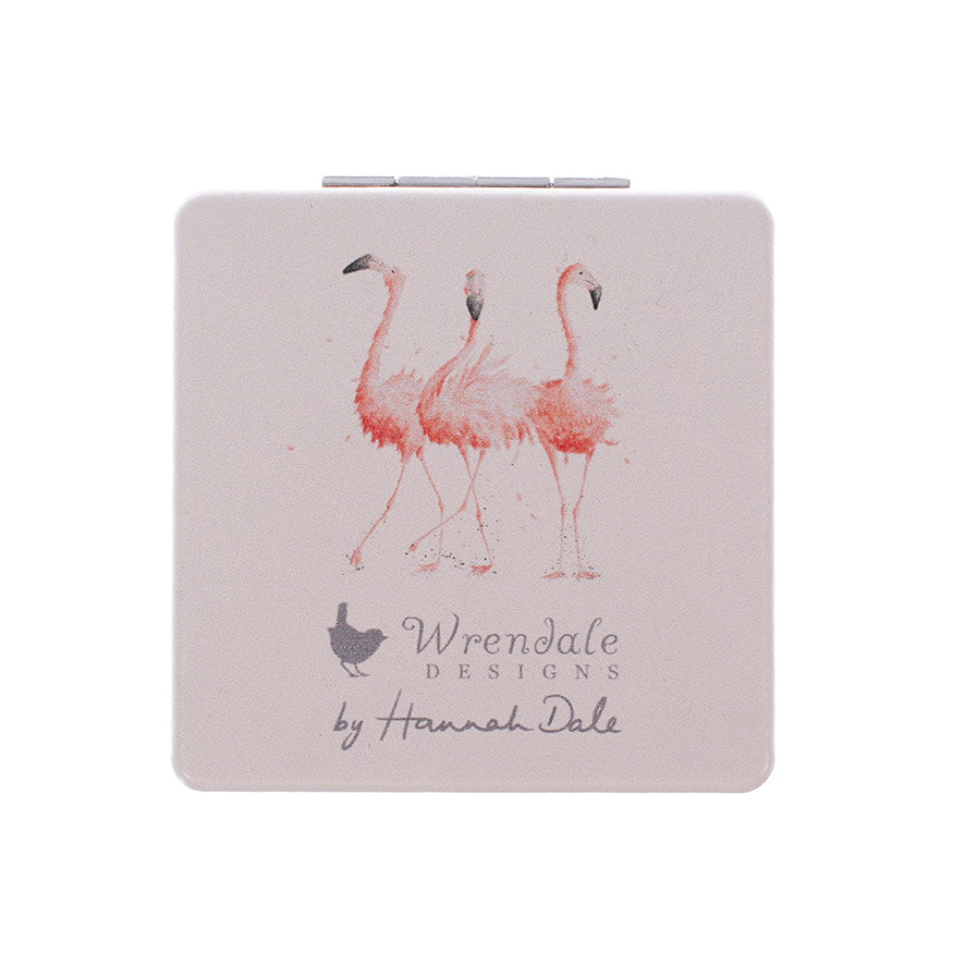 Wrendale Taschenspiegel zum klappen in Geschenkschachtel, Motiv Flamingo,hellgrau,7x7 cm