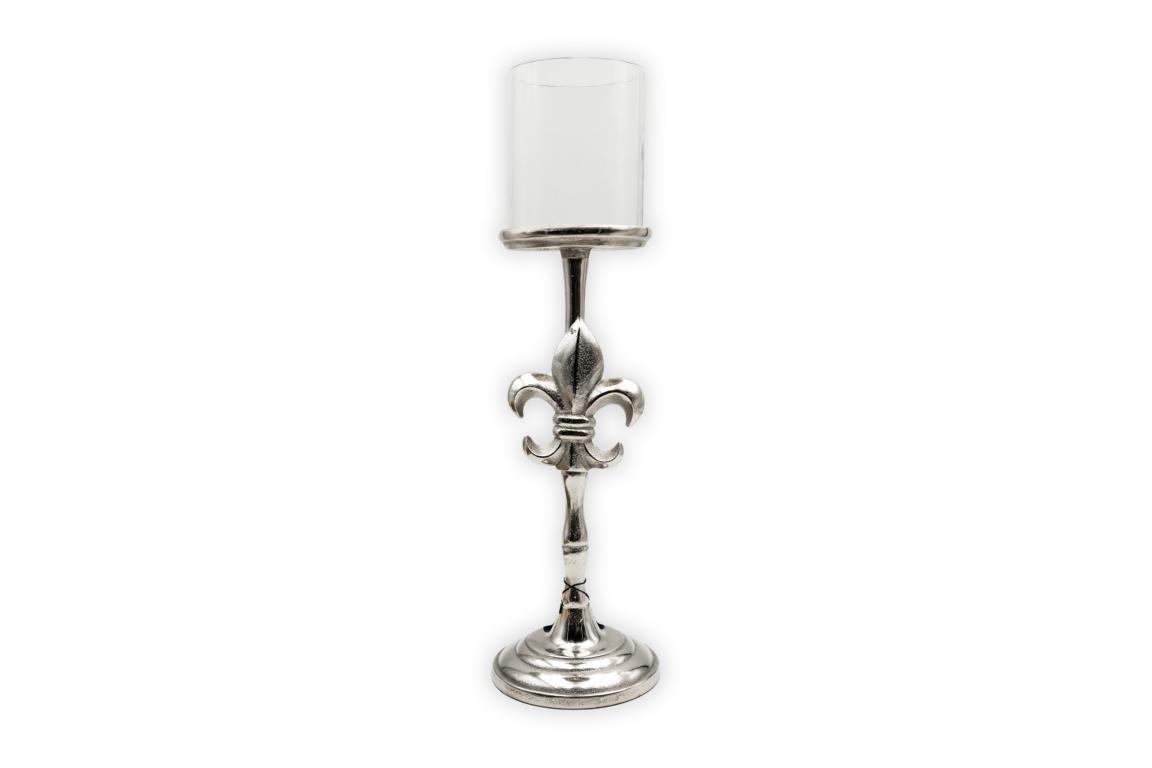Kerzenständer, für Stumpenkerzen mit Windlichtglas 12,5x10cm, mit Lilie, Antike Optik, silber, Metall, 35x13,5cm