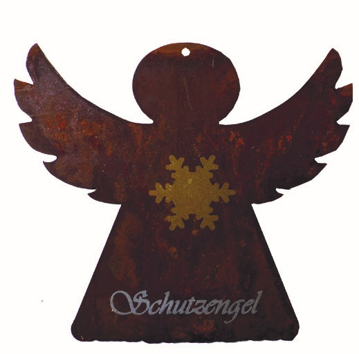 Engel aus Edelrost mit Beschriftung "Schutzengel" & Schneeflocke, H 13 cm