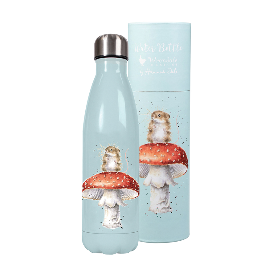 Wrendale Trinkflasche in Geschenkverpackung, Motiv Maus sitzt auf Fliegenpilz, hellblau, 500 ml