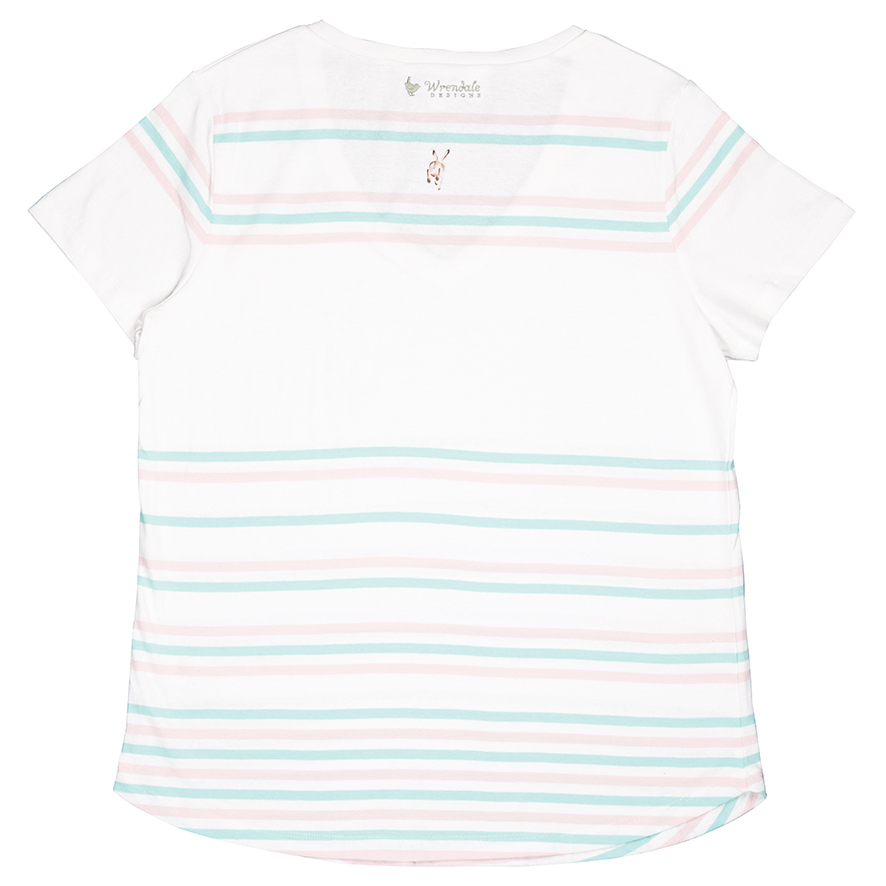 Wrendale T-Shirt, weiß mit Streifen in mint und rosa, Motiv Hase macht Männchen, verschiedene Größen Extra Large