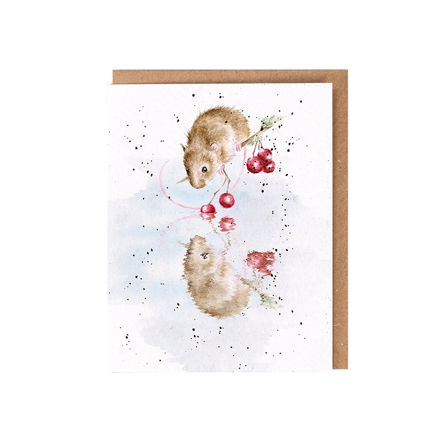 Wrendale Doppelkarte mit Umschlag, Motiv Maus auf Beerenast spiegelt sich, The Berry Best