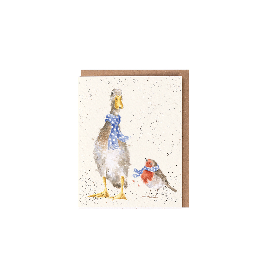 Wrendale Mini-Weihnachtskarte mit Umschlag, Motiv Ente und Rotkehlchen "Christmas Scarves"