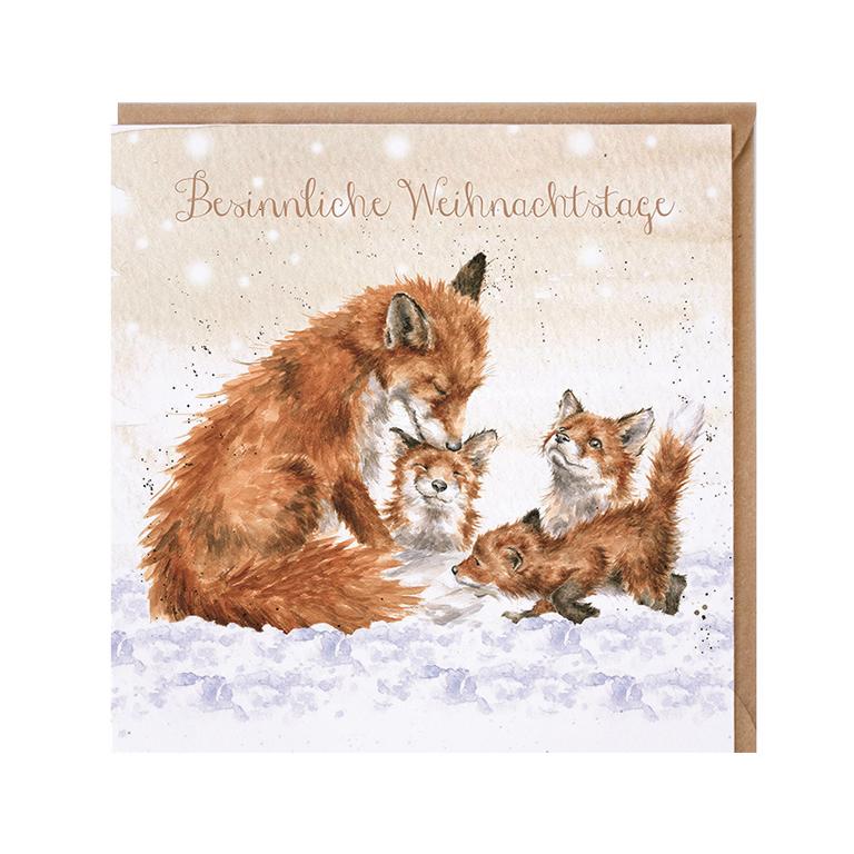 Wrendale Doppelkarte Weihnachten mit Umschlag, Besinnliche Weihnachtstage, Motiv Fuchsfamilie im Schnee "Peace, Love and Joy"