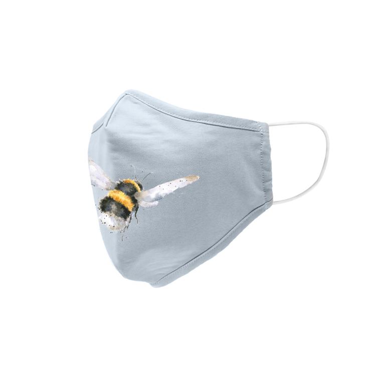 Wrendale Mund- und Nasenmaske aus Baumwolle mit Nasenbügel, "Flight of the Bumblebee", hellblau, Motiv Hummel 