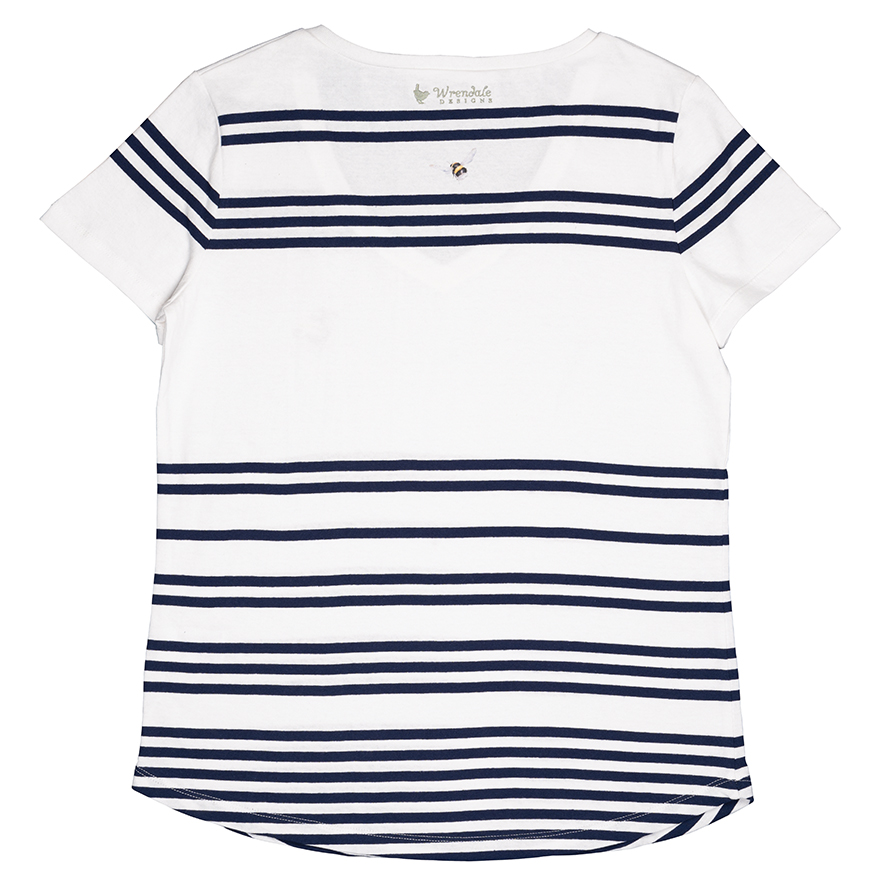 Wrendale T-Shirt, weiß mit Streifen in dunkelblau, Motiv Hummel, Small