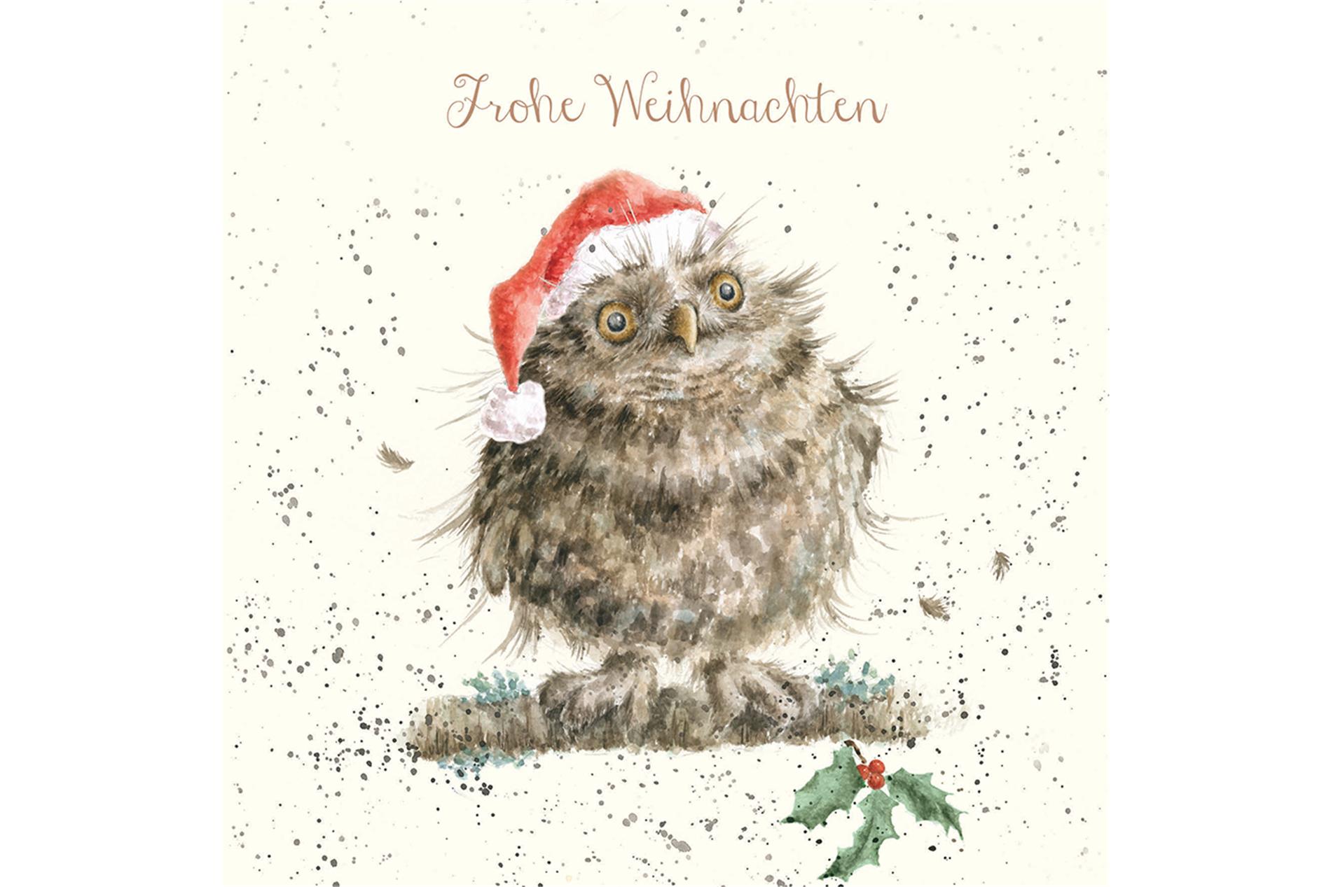 Wrendale Doppelkarte Weihnachten mit Umschlag, Frohe Weihnachten, Motiv Eule auf Ast "Christmas Owl"