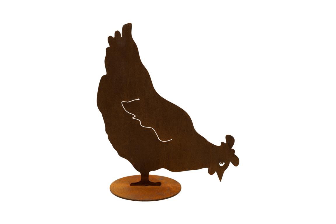 Huhn/Henne pickend, auf Bodenplatte, mit Auschnitten, Edelrost, H40cm