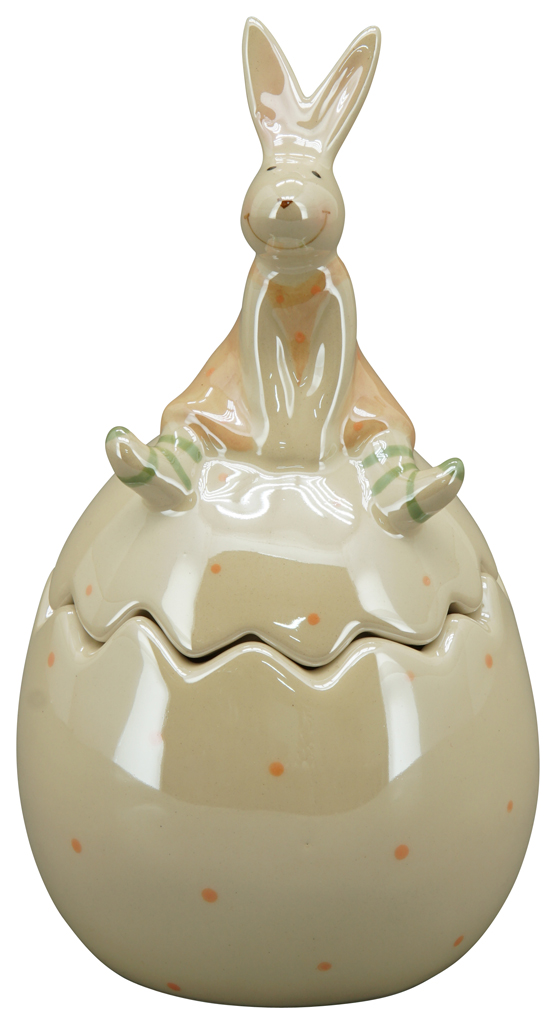 Keramikei zum befüllen, Hasendame sitzt obendrauf  lasur glänzend, natur rose 10x10x18 cm 