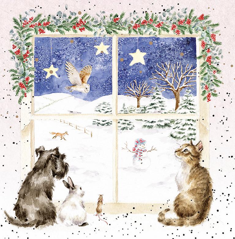 Wrendale Weihnachtskarten Set Merry Christmas, Motiv Tiere schauen aus dem Fenster " Joy to the World"