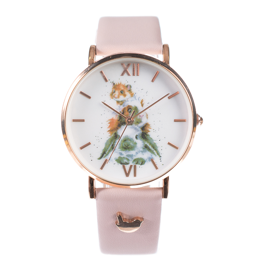 Wrendale Armbanduhr mit rosa Lederarmband, Motiv Hase/Meerschweinchen/Hamster, in Geschenkkarton 9x9cm