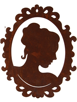Frauenprofil im ovalen Rahmen, Edelrost, H 16 cm, verschiedene Motive nach Unten schauend, mit Camee