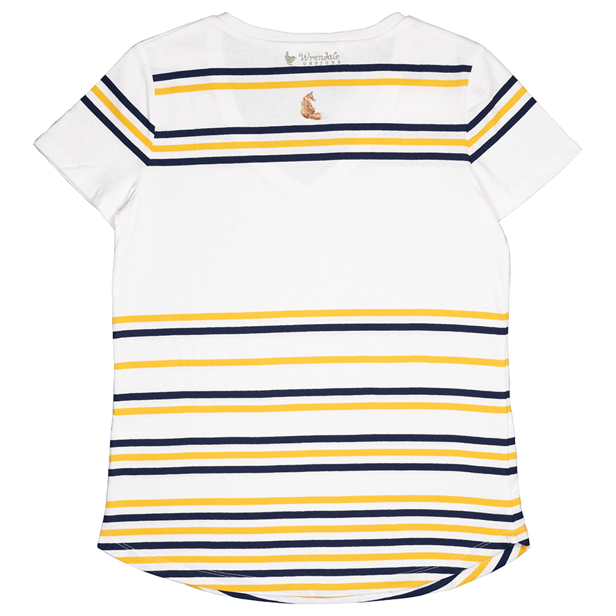 Wrendale T-Shirt, weiß mit Streifen in gelb und dunkelblau, Motiv Fuchswelpe, verschiedene Größen Extra Large